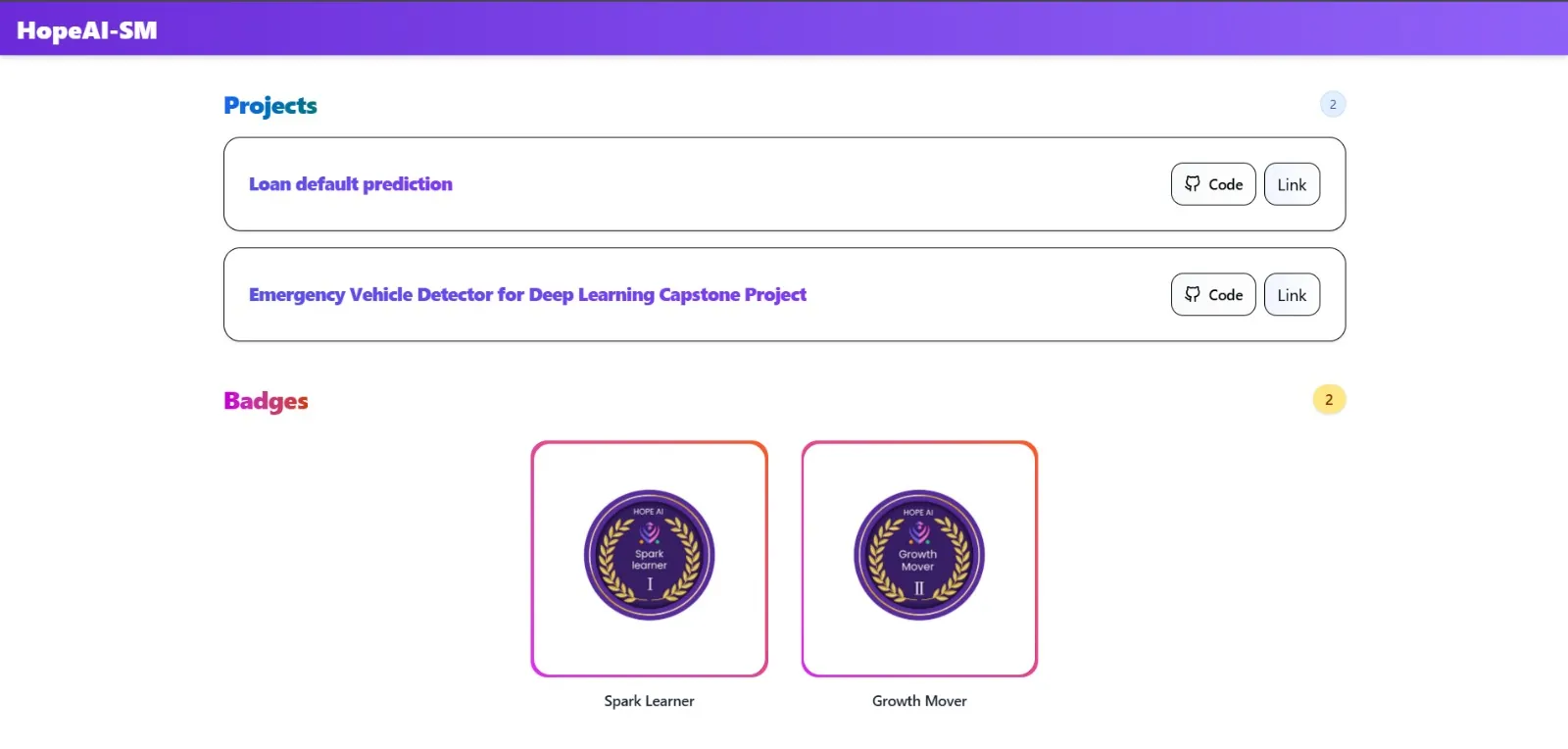 Hope AI learner projects and badges