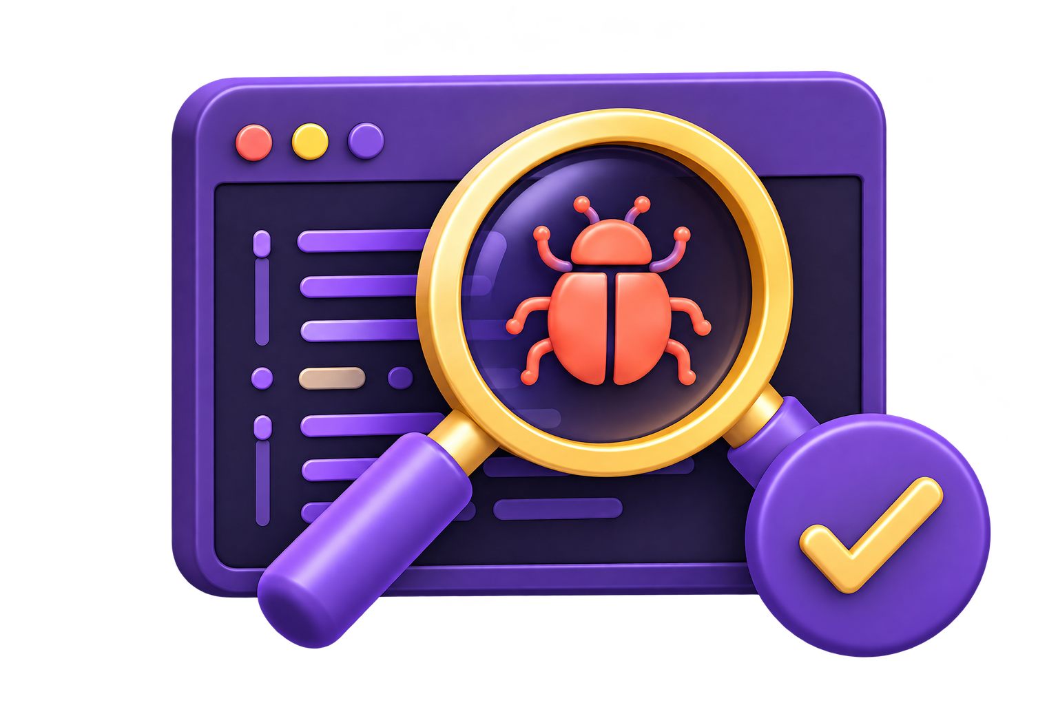 Code editor with magnifying glass inspecting a bug