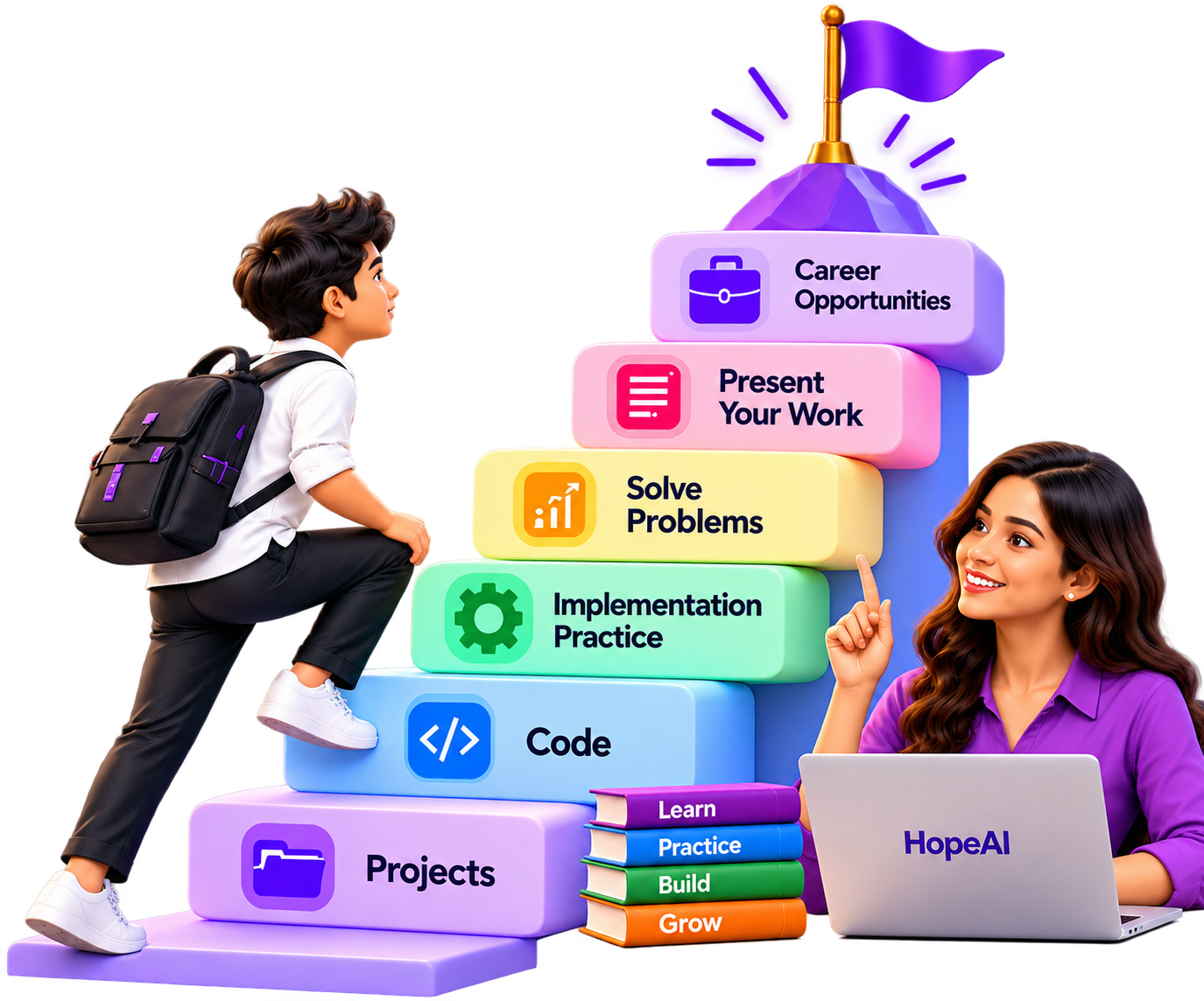 HopeAI mentorship learning roadmap showing projects, coding, implementation practice and career opportunities
